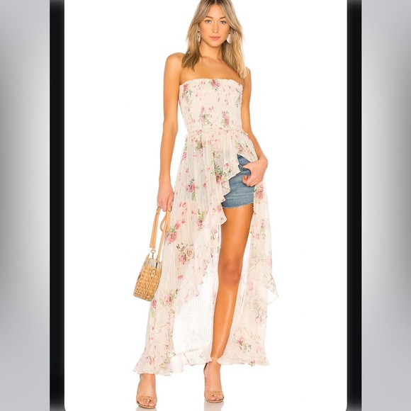 Rococo Sand Strapless Tube Ruffles Hi Low Maxi Dress in Metallic Rose Floral XS